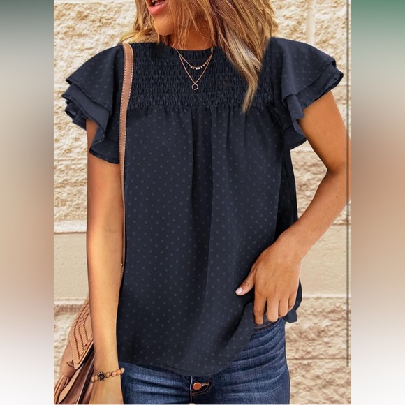 Dokotoo Womens Crewneck Lace Crochet Pom Pom Flowy Short Sleeve Casual Blouse - Picture 5 of 5